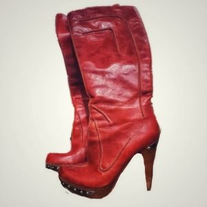 MARIO BoLOGNA Cognac Knee High Boots Wood Platform